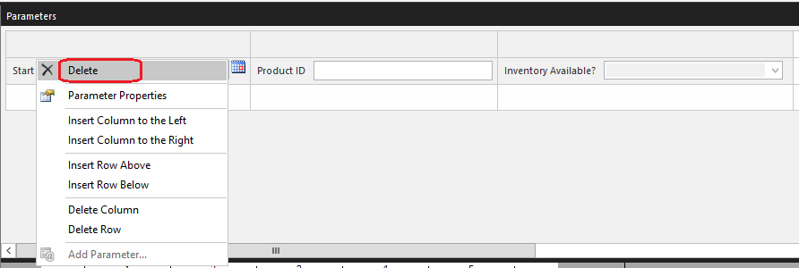 Delete parameters from the parameters pane Delete parameters from the parameters pane