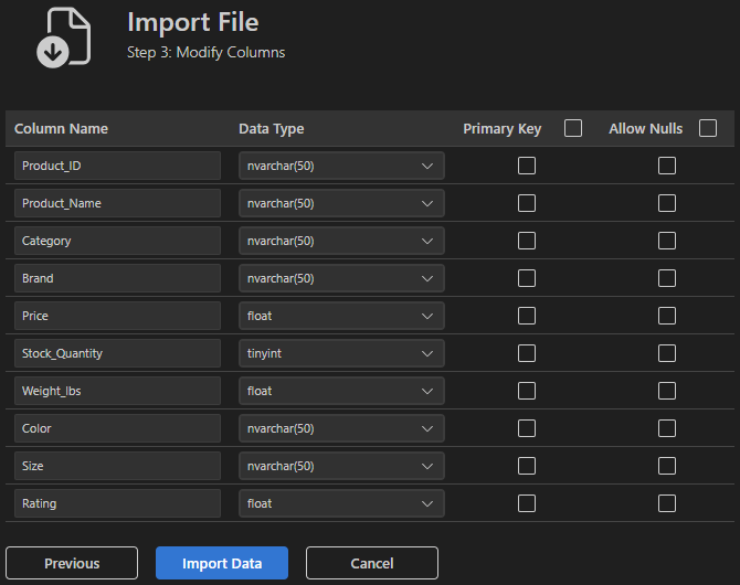 Screenshot of the Import File wizard Step 3 showing column modification options.