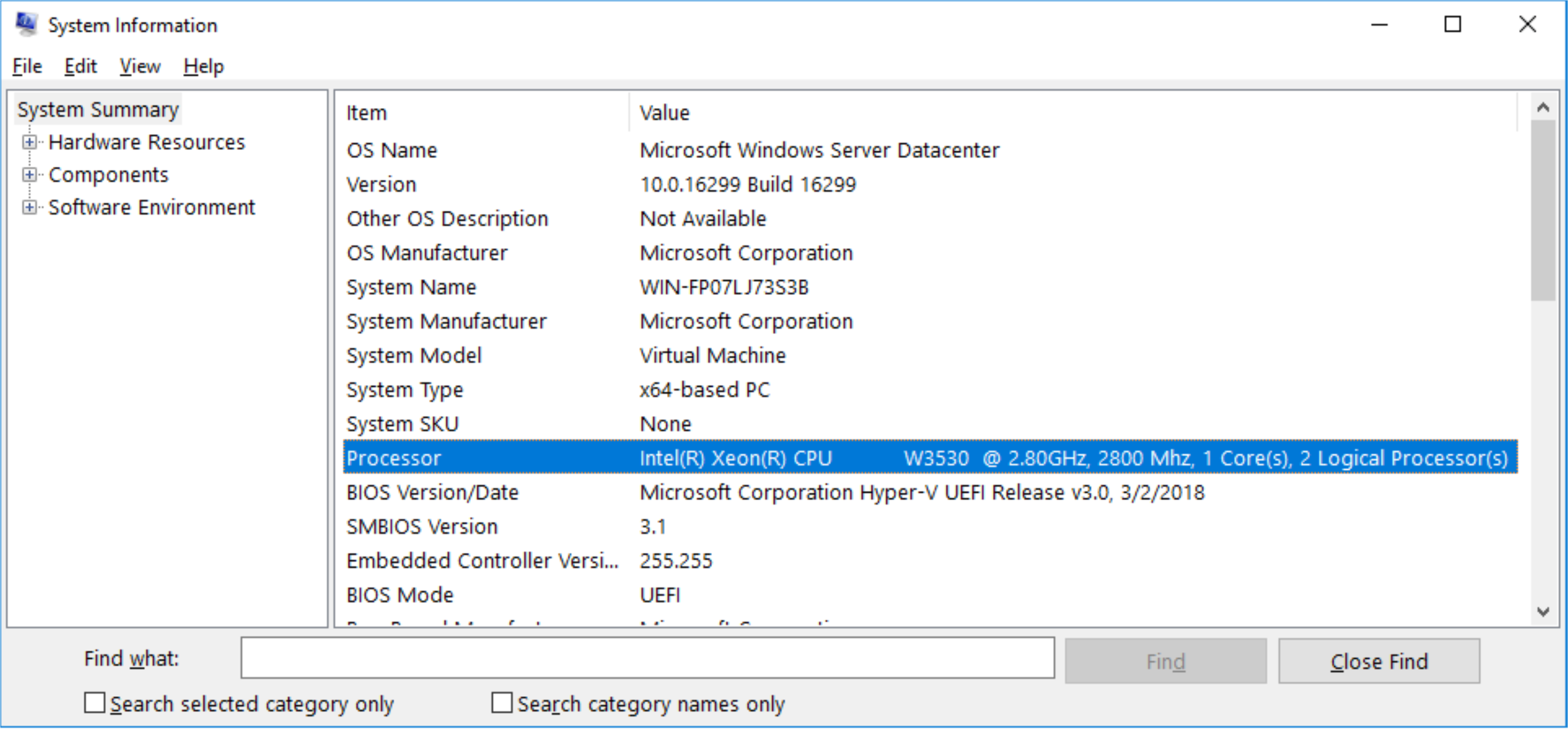 Screenshot of the System Information window. The Processor line is selected. It lists information about one core and two processors.