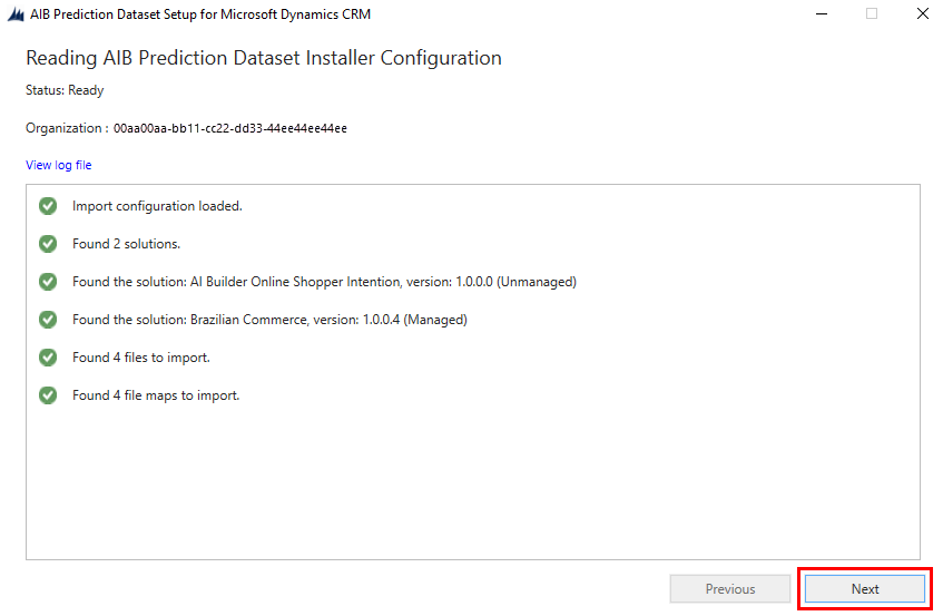 Summary of the AI Builder prediction dataset installer configuration Screenshot of the summary of the AI Builder prediction dataset installer configuration.