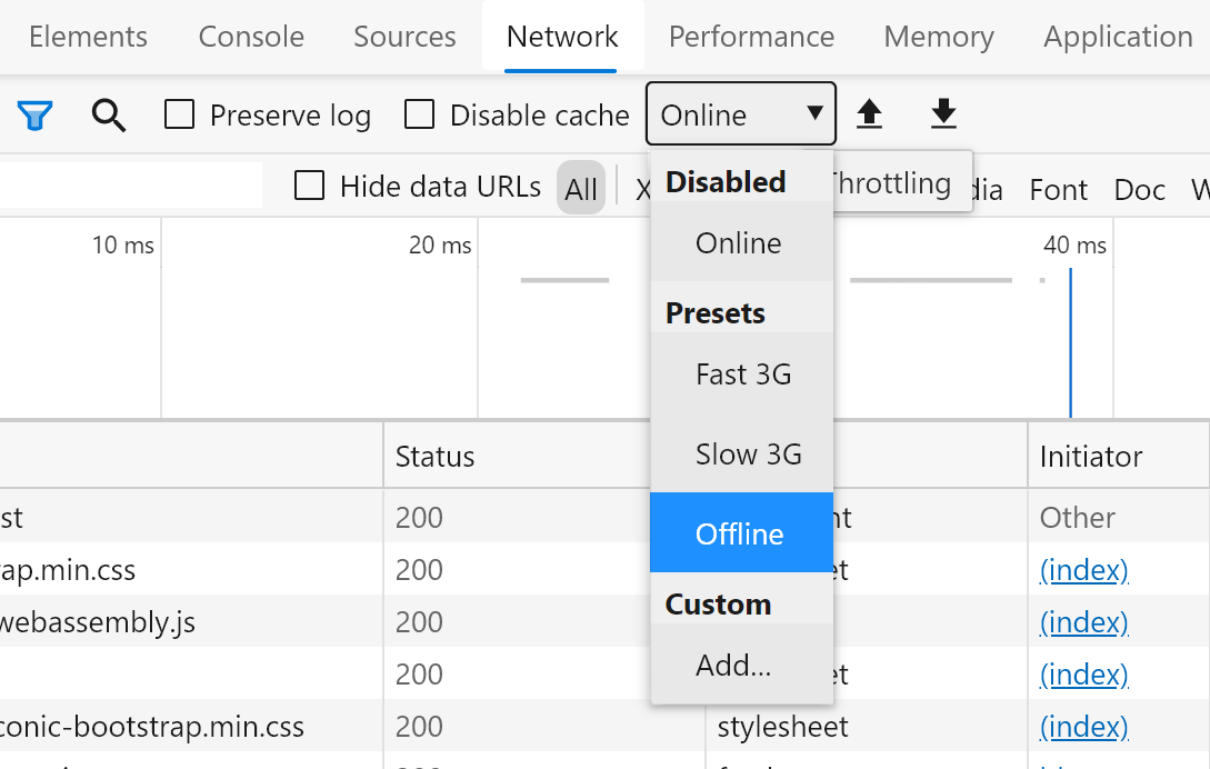 Google Chrome developer tools 'Network' tab with the browser mode dropdown list changed from 'Online' to 'Offline'.