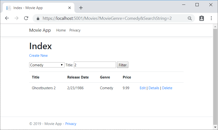 Browser window showing results of https://localhost:5001/Movies?MovieGenre=Comedy&SearchString=2