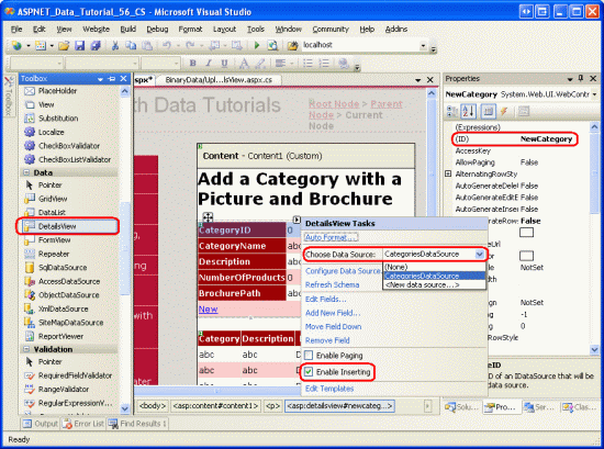 Screenshot of DetailsView with the CategoryID property set to NewCategory, the Height and Width property values are empty, and the Enable Inserting checkbox selected.