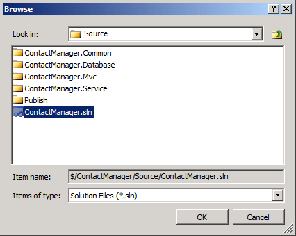 Browse to the location of your solution file, and then click OK.