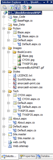 The Solution Explorer lists the files that comprise the Web Site Project