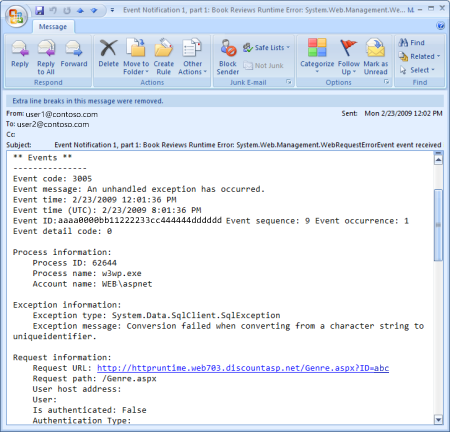 Screenshot that shows the error details sent in the email message.