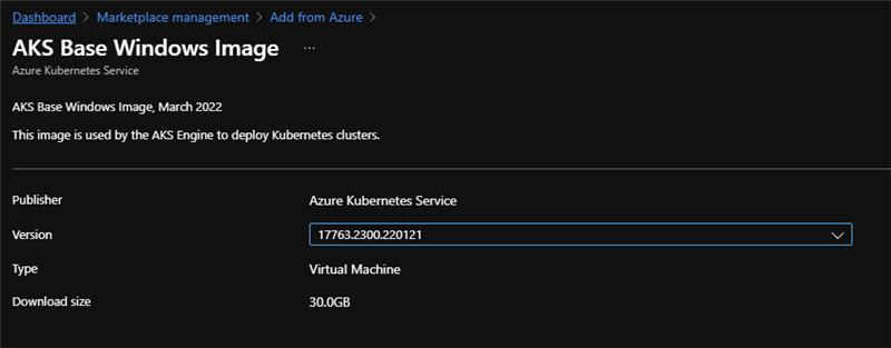 Screenshot of portal showing adding the AKS Base Image - Windows.