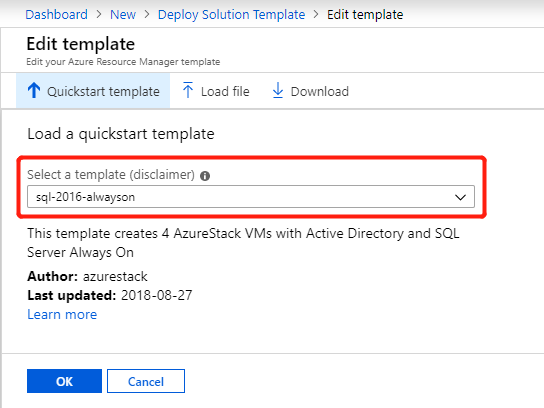 Select quickstart template Edit template in Azure Stack Hub administrator portal