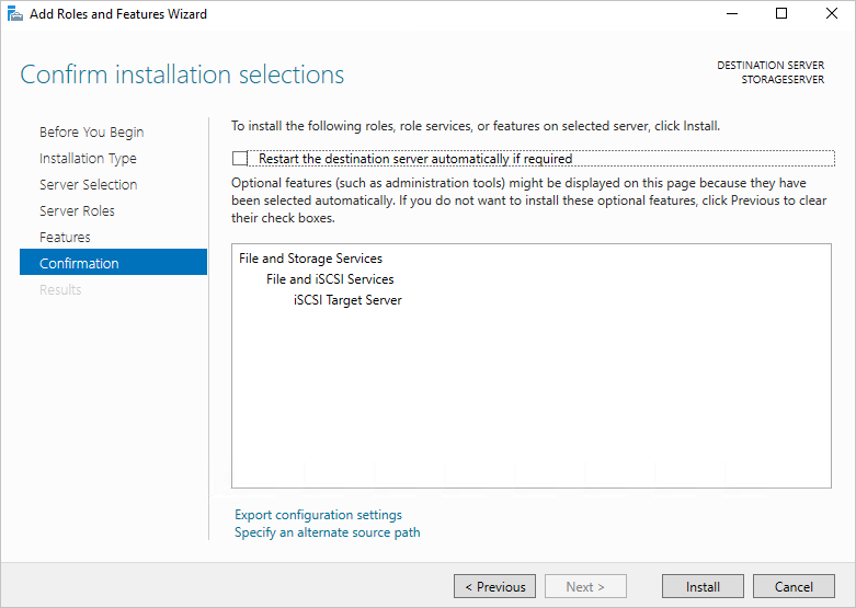 Screenshot that shows the Confirmation page of the Add Roles and Features Wizard, titled Confirm installation selections.