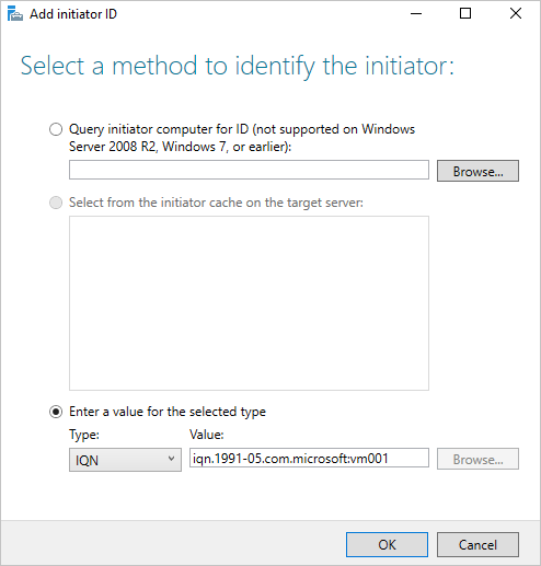 Screenshot that shows the Add initiator ID window with the values to specify the initiator ID.