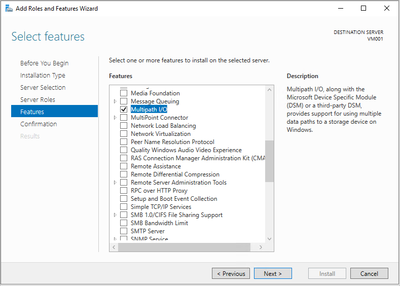 Screenshot that shows the Features page of the Add Roles and Features Wizard with one feature, Multipath I/O, selected.