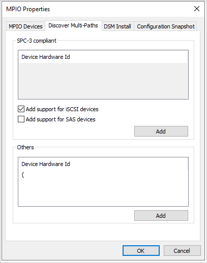 Screenshot that shows the Discover Multi-Paths page of the MPIO dialog box with the Add Support for iSCSI devices option checked.