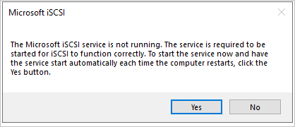 Screenshot that shows that the Microsoft iSCSI dialog box reports that the iSCSI service is not running.