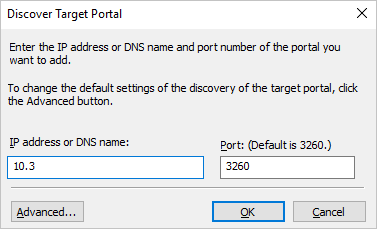 Screenshot that shows the Discover Target Portal window with 10.33.131.15 in the IP address or DNS name: text box, and 3260 (the default) in the Port text box.
