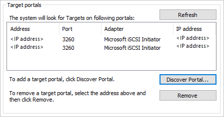 Screenshot that shows the Target portals dialog box with the two portals that have just been created.