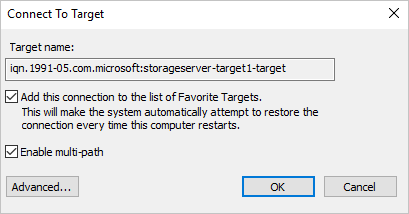 Screenshot that shows the Connect to target dialog box with the specified values.