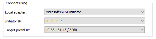 Screenshot that shows the Connect using dialog box with the specified information for target portal 10.33.131.15/3260.
