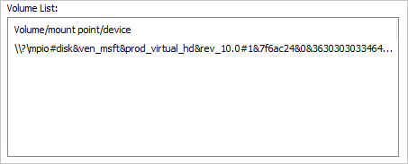 Screenshot that shows the Volume List window with volume name, mount point, and device for a single volume.