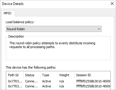 Screenshot that shows that the MPIO page of the Devices Details dialog box shows Round Robin for the Load balance policy, and lists two devices.