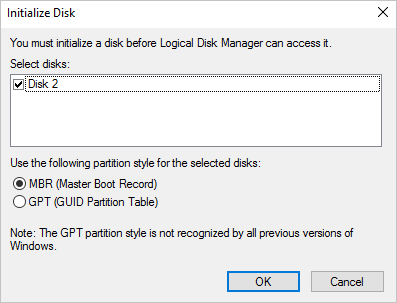 Screenshot that shows the Initialize Disk dialog box with Disk 2 checked, and MBR (Master Boot Record) selected as the partition style. There is an OK button.