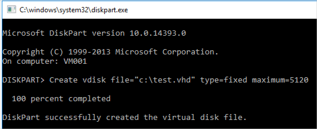 Screenshot of the CMD window shows that the specified command was issued to DiskPart which completed it successfully, creating the virtual disk file.
