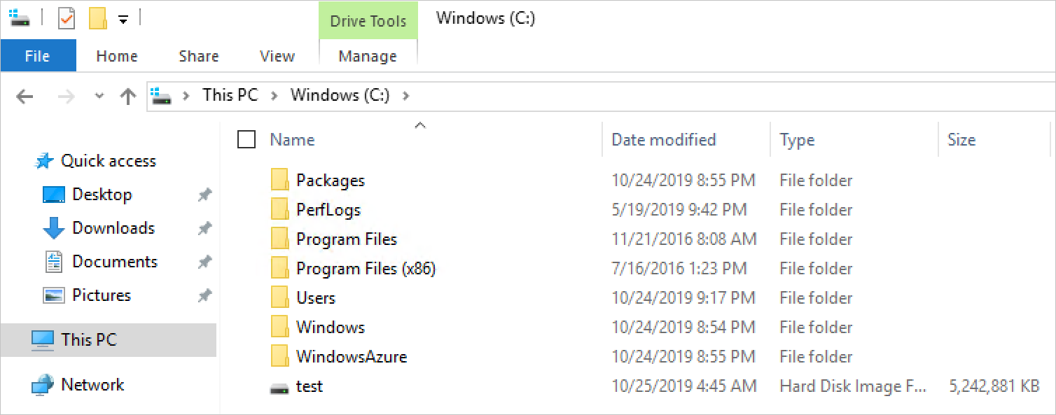 Screenshot that shows that the file test.vhd appears within C:\, as expected, and is the specified size.