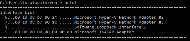 Screenshot that shows that the route print output is an interface list that includes two Hyper-V network adapters: Interface 6 is Hyper-V network adapter #2, and Interface 7 is adapter #3.