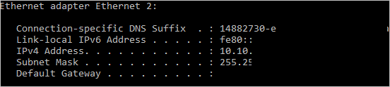 Screenshot that shows that the partial ipconfig listing shows that Ethernet adapter Ethernet 2 has IPv4 address 10.10.11.4.