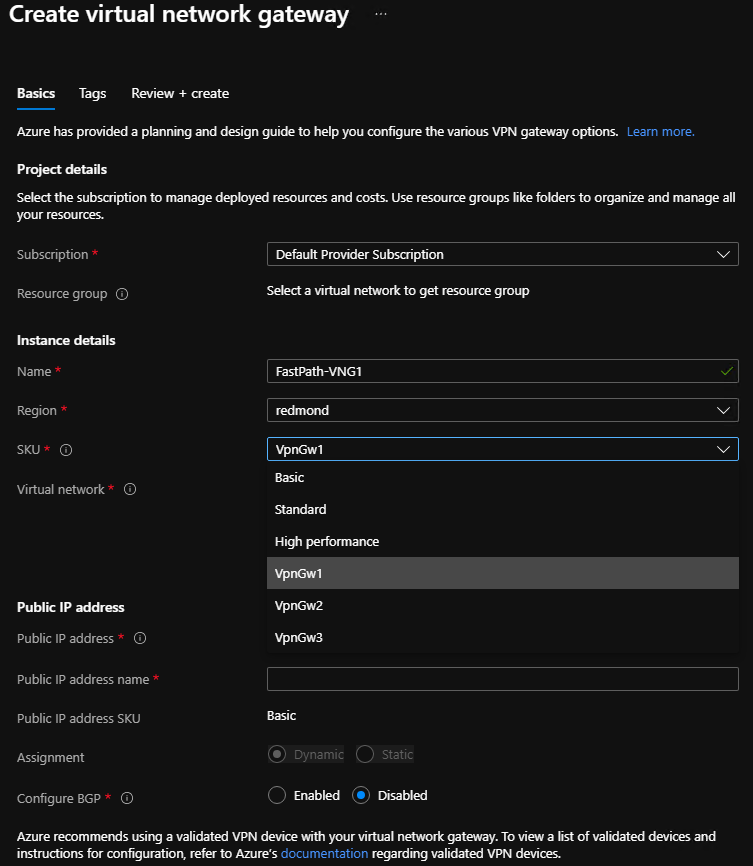 Screenshot shows Azure VNG new SKUs.