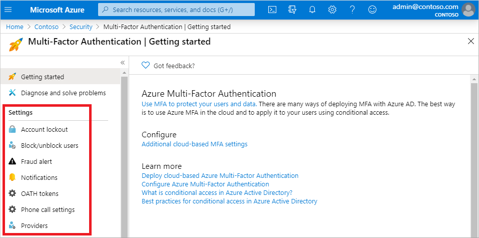Azure portal - Azure AD Multi-Factor Authentication settings