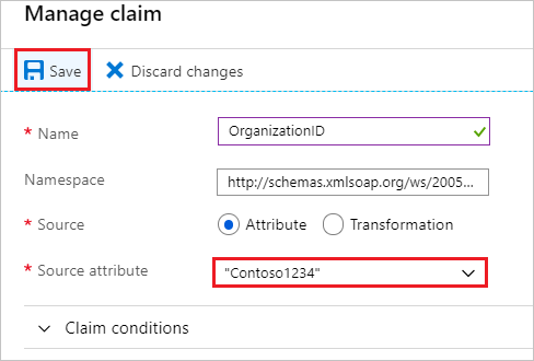 Screenshot of the organization Attributes & Claims section in the Azure portal.