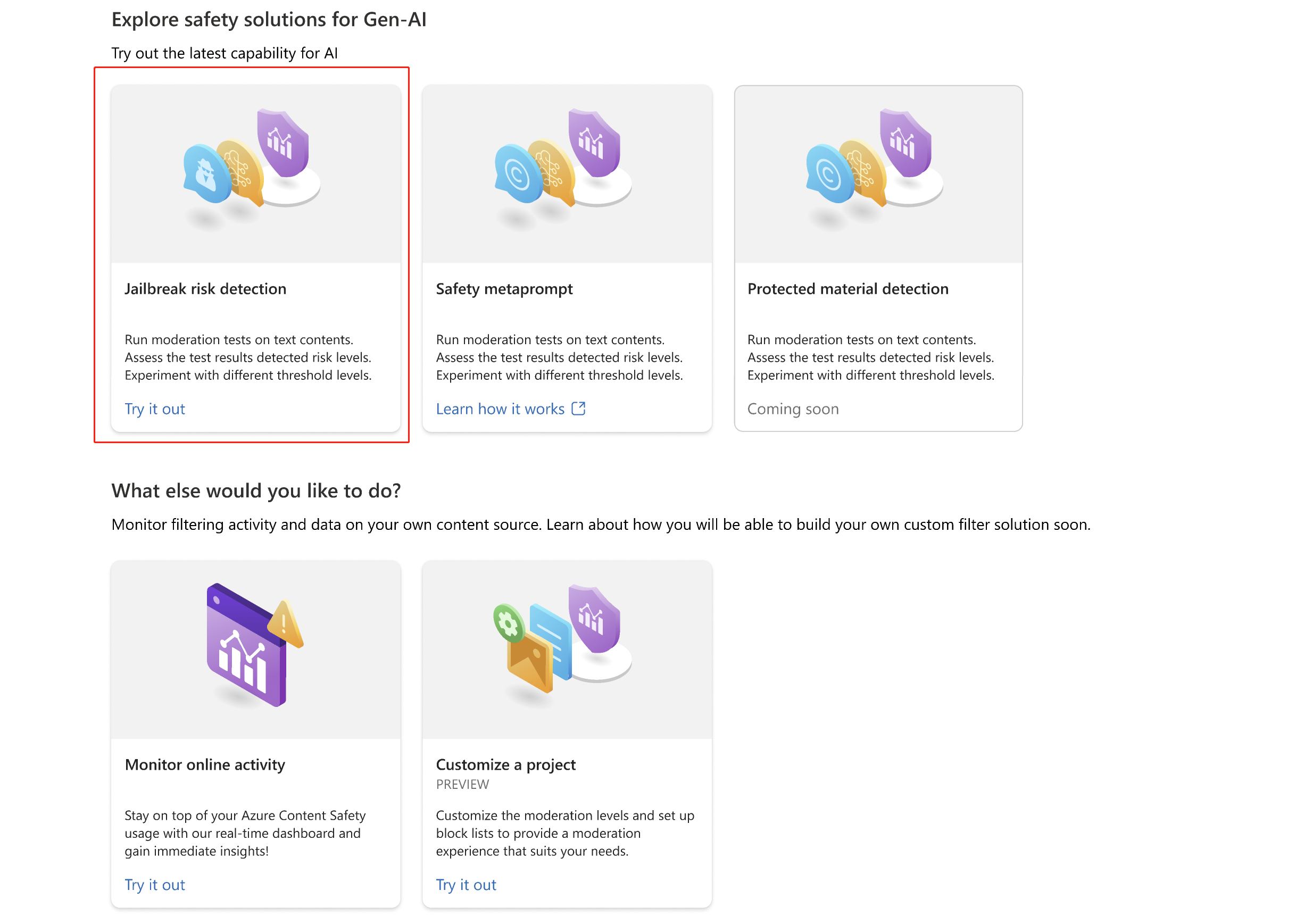 Screenshot of content safety studio with user input risk detection panel selected.