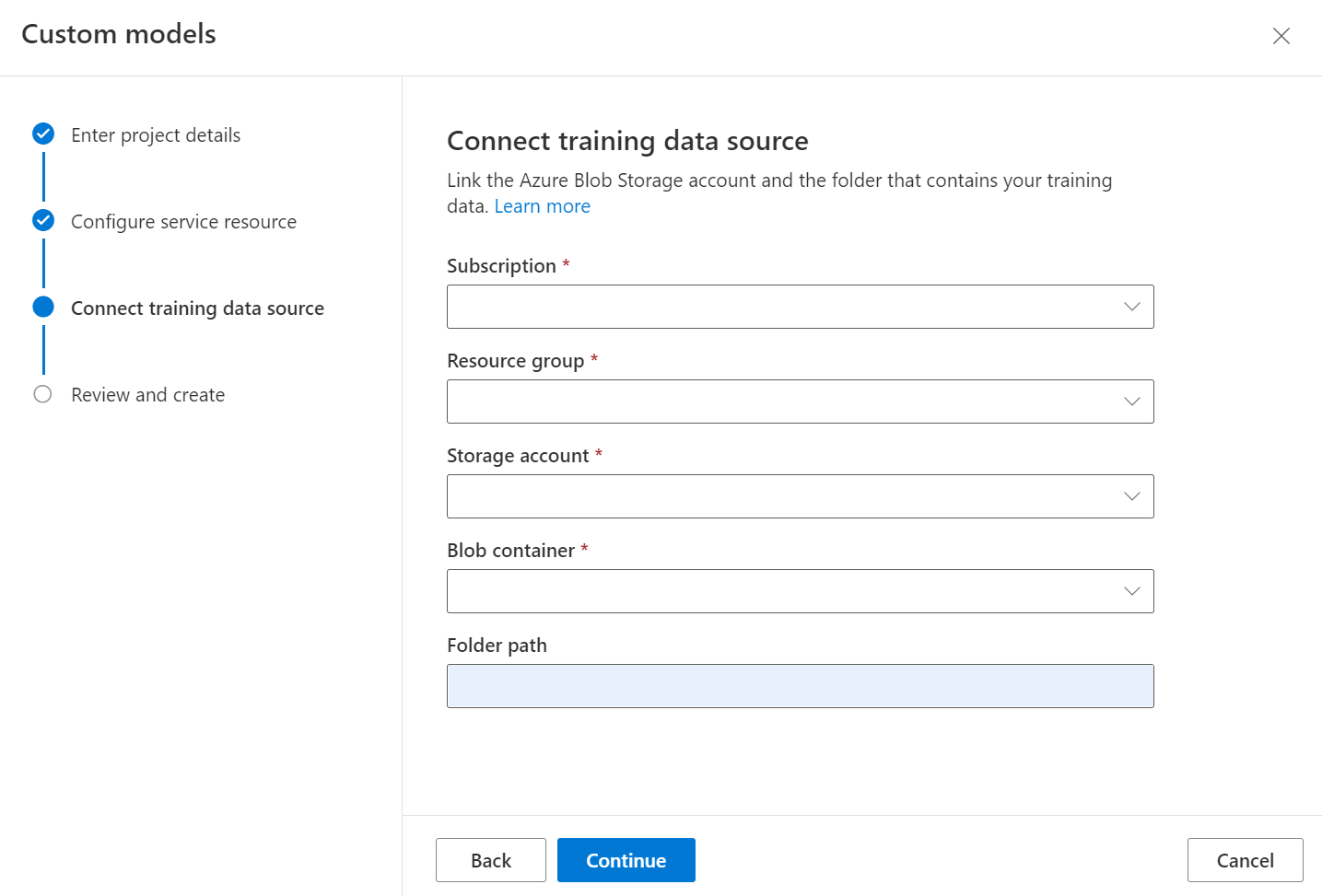 Screenshot showing how to select the Document Intelligence resource.