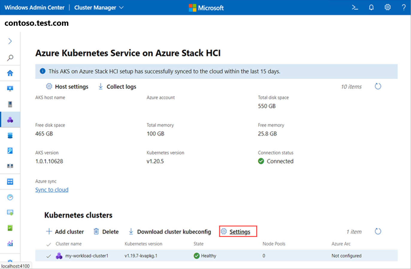 Screenshot showing the Settings option for Kubernetes clusters in Windows Admin Center.