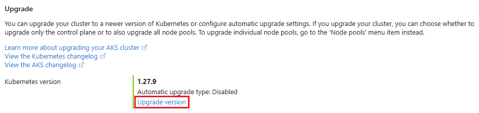 Screenshot of the upgrade cluster page for an AKS cluster in the Azure portal.