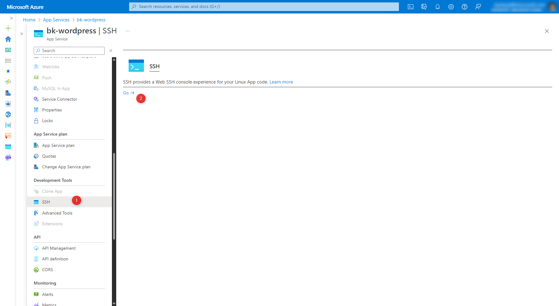 Screenshot of the button to launch the SSH web console.