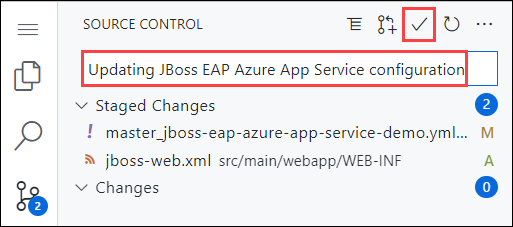 Screenshot of Visual Studio Code in the browser, Source Control panel with a commit message of 'Updating JBoss EAP Azure App Service configuration' and the Commit and Push button highlighted.
