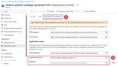 A screenshot showing the location of the deployment credentials in the deployment center in App Service.