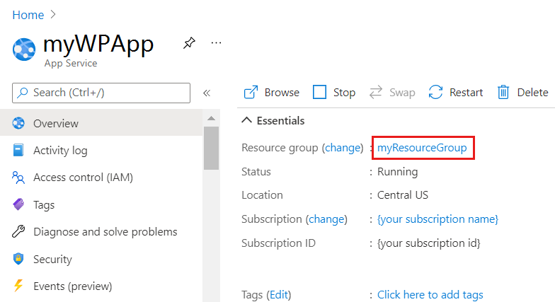 Resource group in App Service overview page.