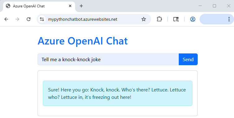 Screenshot showing a chatbot running in Azure App Service.