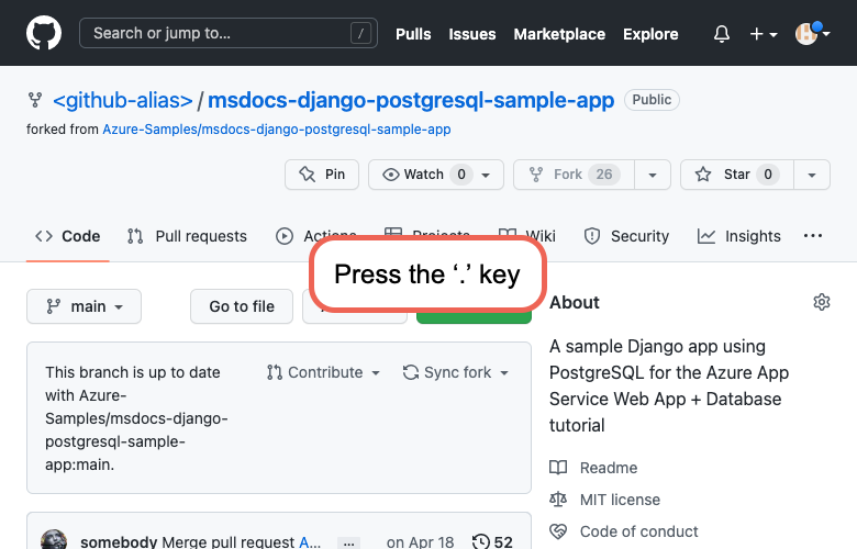 A screenshot showing how to open the Visual Studio Code browser experience in GitHub (Django).