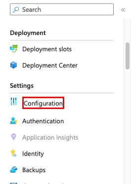 A screenshot showing how to open the configuration page in App Service.