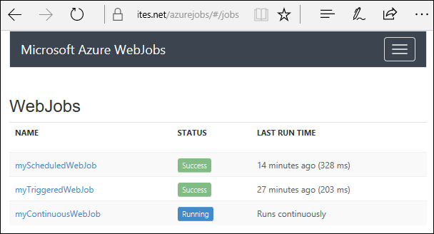 List of WebJobs in history dashboard