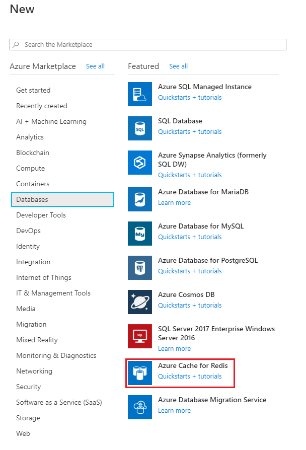 On New, Databases is highlighted, and Azure Cache for Redis is highlighted.