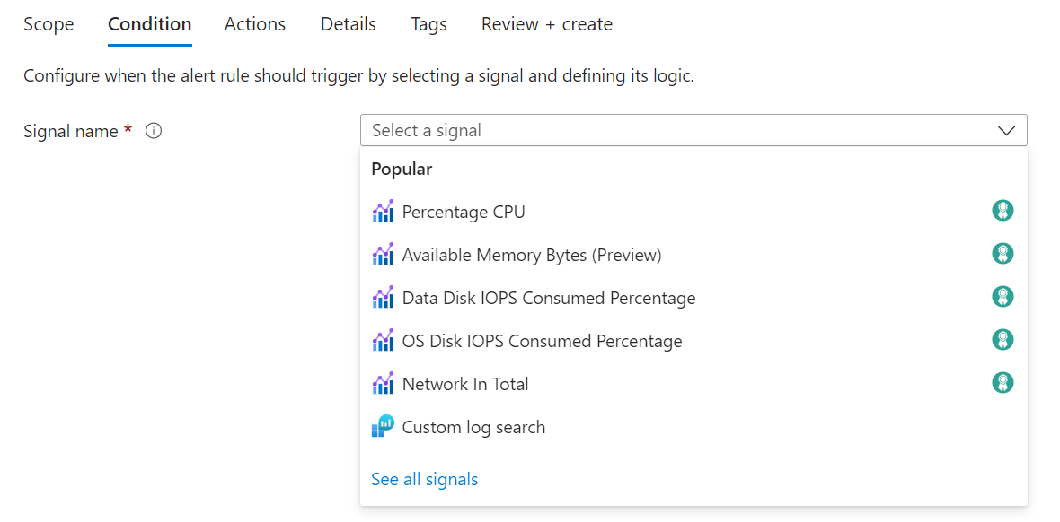 Screenshot that shows popular signals for creating an alert rule.