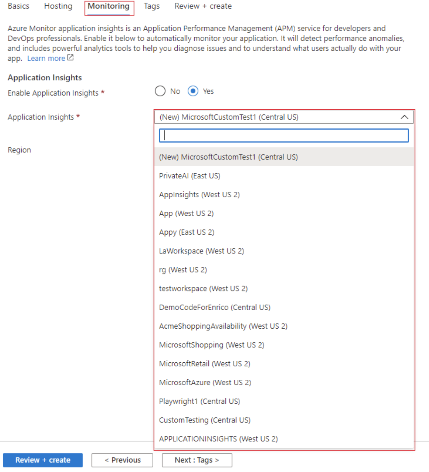 Screenshot that shows selecting your existing Application Insights resource on the Monitoring tab.