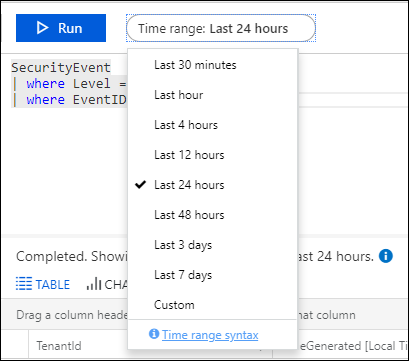 Screenshot that shows the time picker and its list of time-range commands.