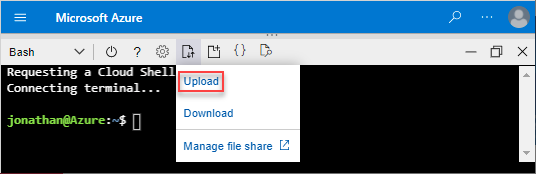 Screenshot of the Cloud Shell interface with the Upload file option highlighted.