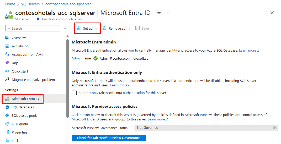 Screenshot shows the option to set the Microsoft Entra admin for SQL servers.