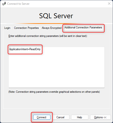 Screenshot showing SSMS Additional Connection Parameters.